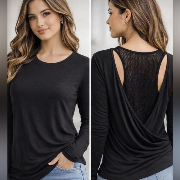 Calvin Klein Jeans Tops - Calvin Klein Jeans Black Long Sleeve Top Mesh Panel V-Back Modal Blend Size M